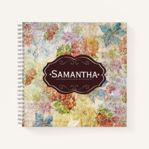 Vintage Distressed Flower Pattern Personalised Notebook