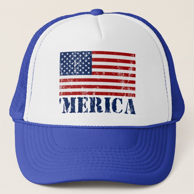 Vintage Distressed 'MERICA US Flag Trucker Hat (Front)