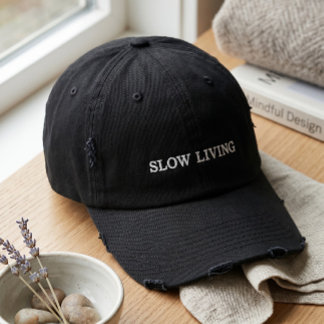 Vintage Distressed Slow Living Serif Typography Bl Embroidered Hat