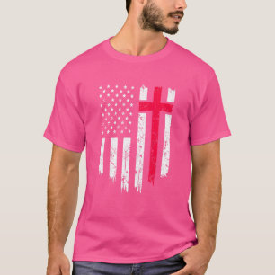 Vintage Distressed Usa Flag Cross Christian Faith T-Shirt