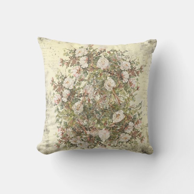 Vintage Distressed White Boho Rose Cushion (Front)