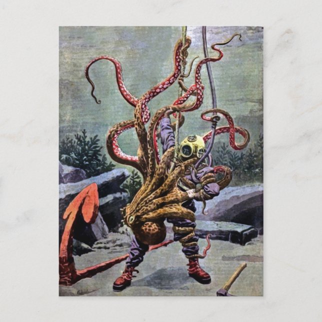 Vintage Diver Octopus Fight Postcard (Front)