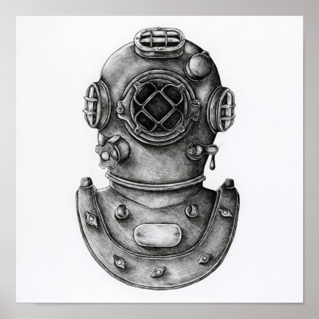Vintage Diving Helmet Illustration Poster (Front)