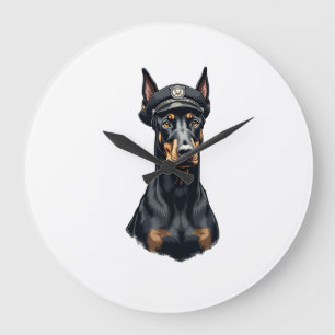 Vintage Doberman Police Dog Portrait Black and Whi Large Clock