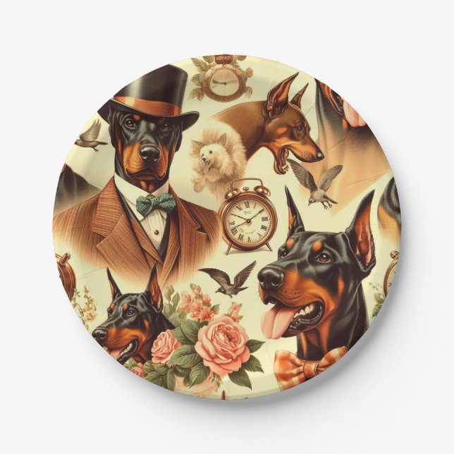 Vintage Doberman Seamless Illustration Paper Plate (Front)