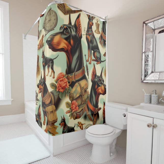 Vintage Doberman Seamless Painting Shower Curtain (In Situ)