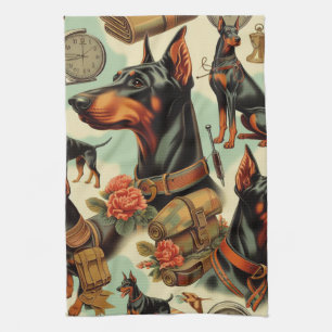 Vintage Doberman Seamless Painting Tea Towel