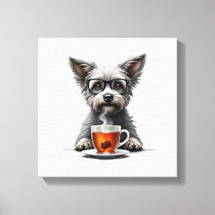 Vintage Dog Holding Tea with Glasses Retro Pet Ill Canvas Print