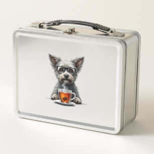 Vintage Dog Holding Tea with Glasses Retro Pet Ill Metal Lunch Box