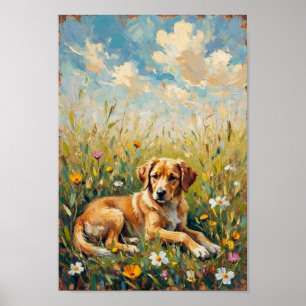 Vintage Dog Meadow Countryside Art Poster