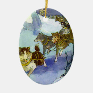 "Vintage Dog Sledding" Ceramic Tree Decoration
