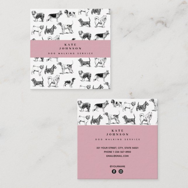 Vintage Dogs Dog Walker Grooming Square Business Card (Front/Back)