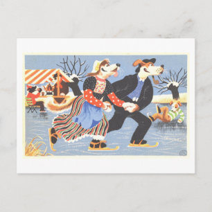 Vintage Dogs Ice Skating Winter Postcard