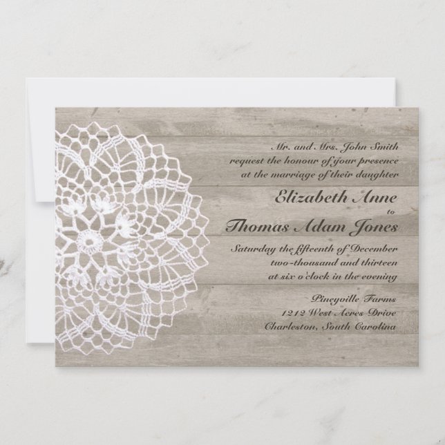 Vintage Doily & Barn Wood Wedding Invitation (Front)