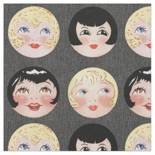 Vintage Doll Faces on Black Denim Background 8x8 Fabric