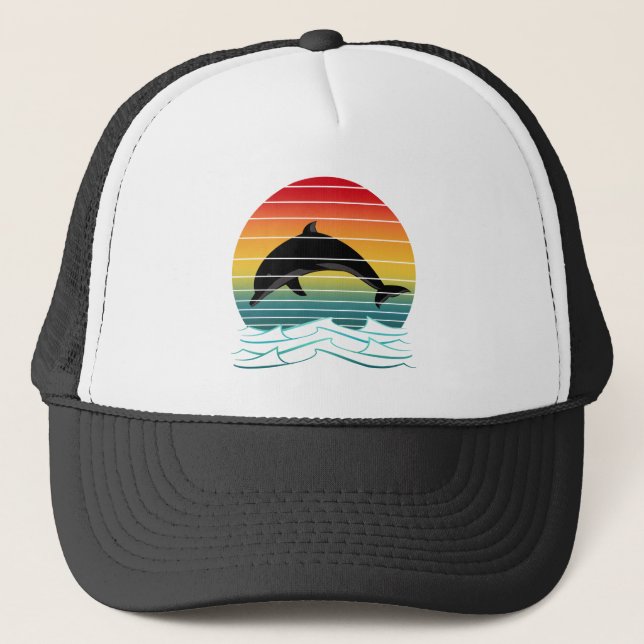Vintage Dolphin Sunset Ocean Trucker Hat (Front)