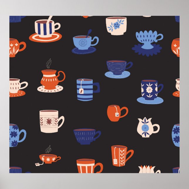 Vintage Doodle Cups Seamless Background Poster (Front)