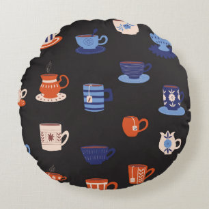 Vintage Doodle Cups Seamless Background Round Cushion