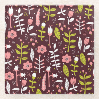 Vintage Doodle Floral Seamless Pattern Glass Coaster