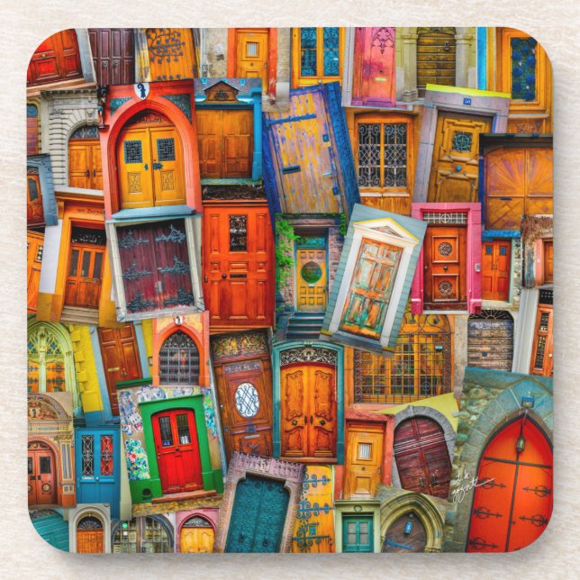 Vintage Door Art Door Collage Unique Coaster (Front)