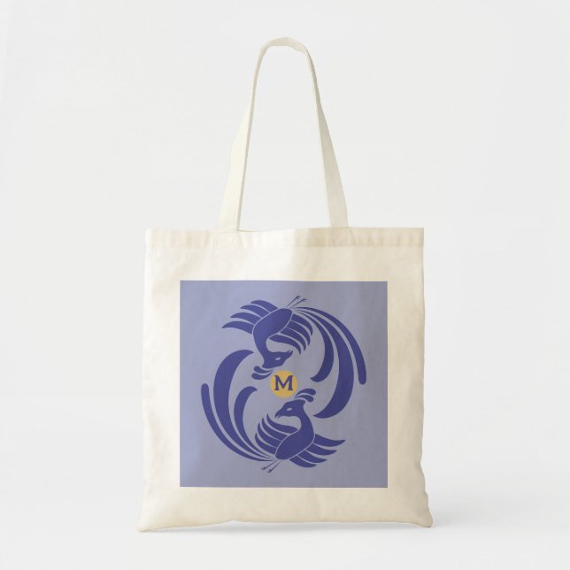 vintage double cranes blue tote bag (Front)