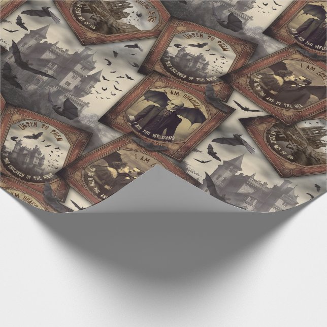 Vintage Dracula Halloween Gothic Vampire Bat Wrapping Paper (Corner)