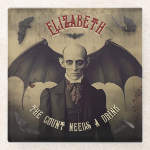 Vintage Dracula with Bats Halloween Glass Coaster