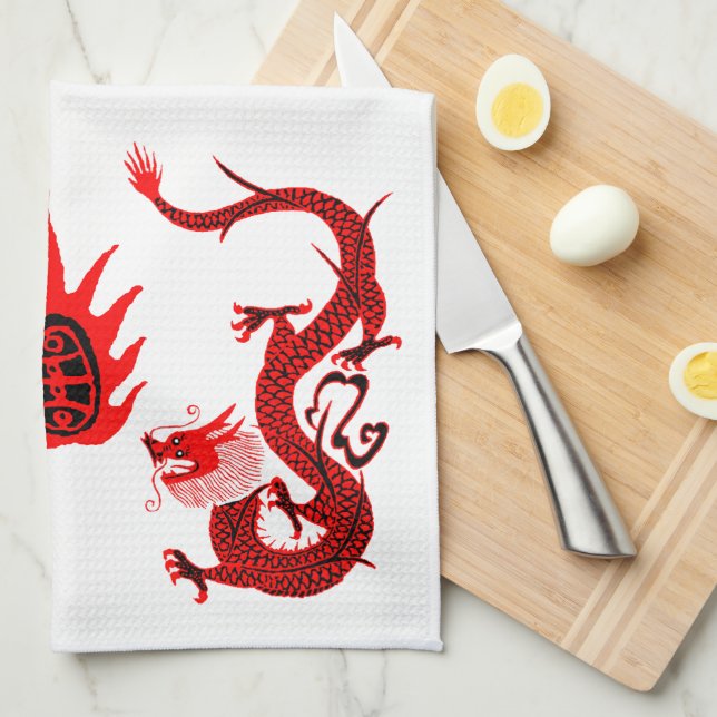 Vintage Dragon Holiday Red and Black Tea Towel (Quarter Fold)