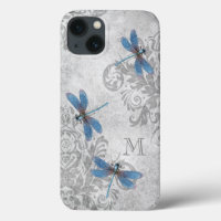 Vintage Dragonflies Grunge Damask with Monogram