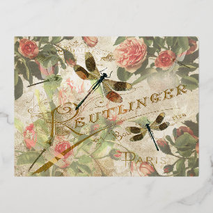 Vintage Dragonfly and Roses Foil Holiday Postcard