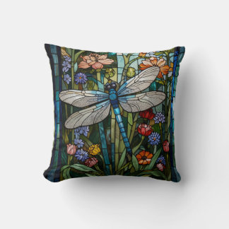 Vintage Dragonfly art floral botanical stain glass Cushion