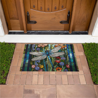 Vintage Dragonfly art floral botanical stain glass Doormat