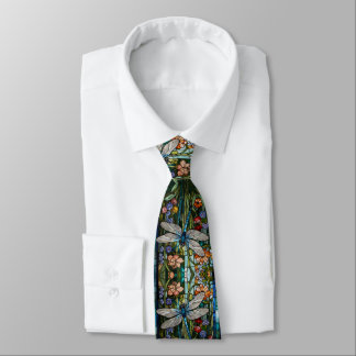 Vintage Dragonfly art floral botanical stain glass Tie