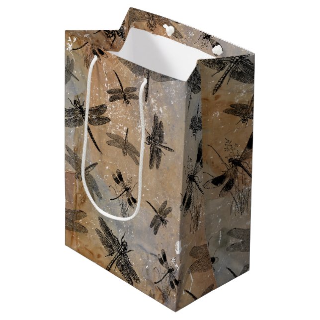 Vintage Dragonfly Distressed Entomology Pattern Medium Gift Bag (Front Angled)