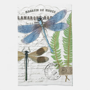 Vintage Dragonfly Fern French Kitchen Hand Towel