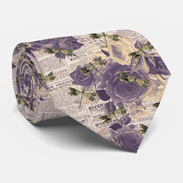 Vintage Dragonfly Floral Neck Tie (Rolled)