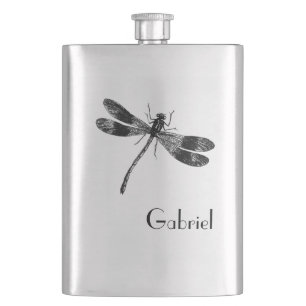Vintage Dragonfly Illustration with Monogram Hip Flask