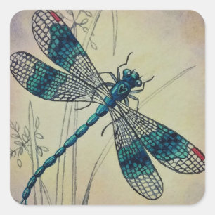 Vintage Dragonfly No. 2 and Grass Watercolor Art Square Sticker