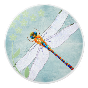 Vintage Dragonfly on Faded Floral Background Ceramic Knob