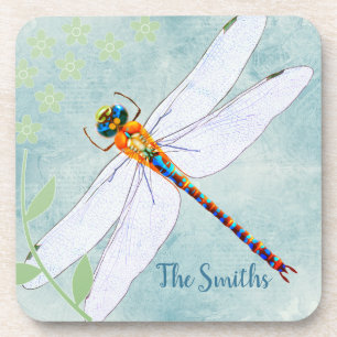 Vintage Dragonfly on Faded Floral Background Coaster