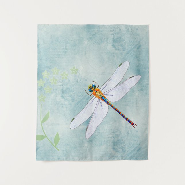Vintage Dragonfly on Faded Floral Background Tapestry (Front)