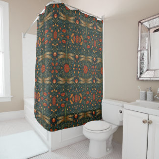 Vintage dragonfly orange floral greenery boho chic shower curtain