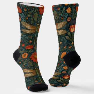 Vintage dragonfly orange floral greenery boho chic socks