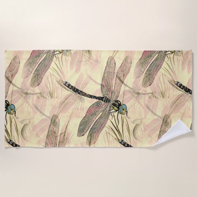 Vintage Dragonfly Print  Beach Towel (Front)