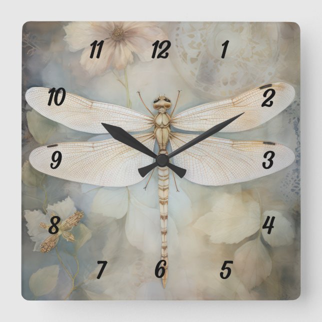 Vintage Dragonfly Square Wall Clock (Front)