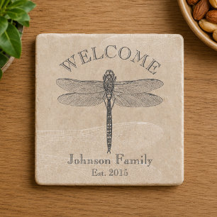 Vintage Dragonfly Welcome Signature Stone Coaster