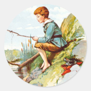 Vintage Drawing: Boy Fishing in a River Classic Round Sticker