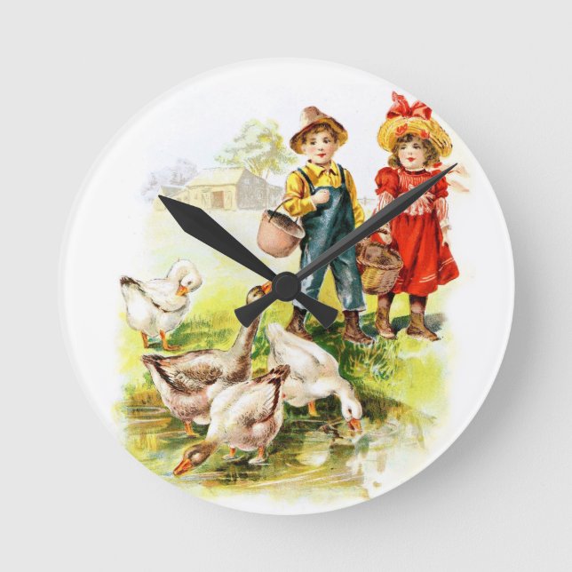 Vintage Drawing: Feeding the Geese Round Clock (Front)