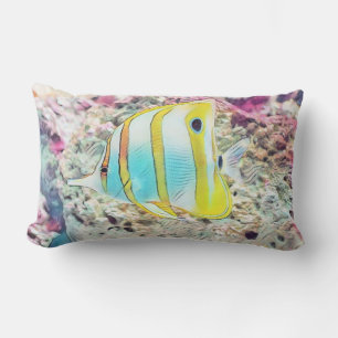 Vintage Drawing of Blue Yellow Fish in Sea  Lumbar Cushion
