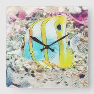 Vintage Drawing of Blue Yellow Fish in Sea Lumbar Square Wall Clock
